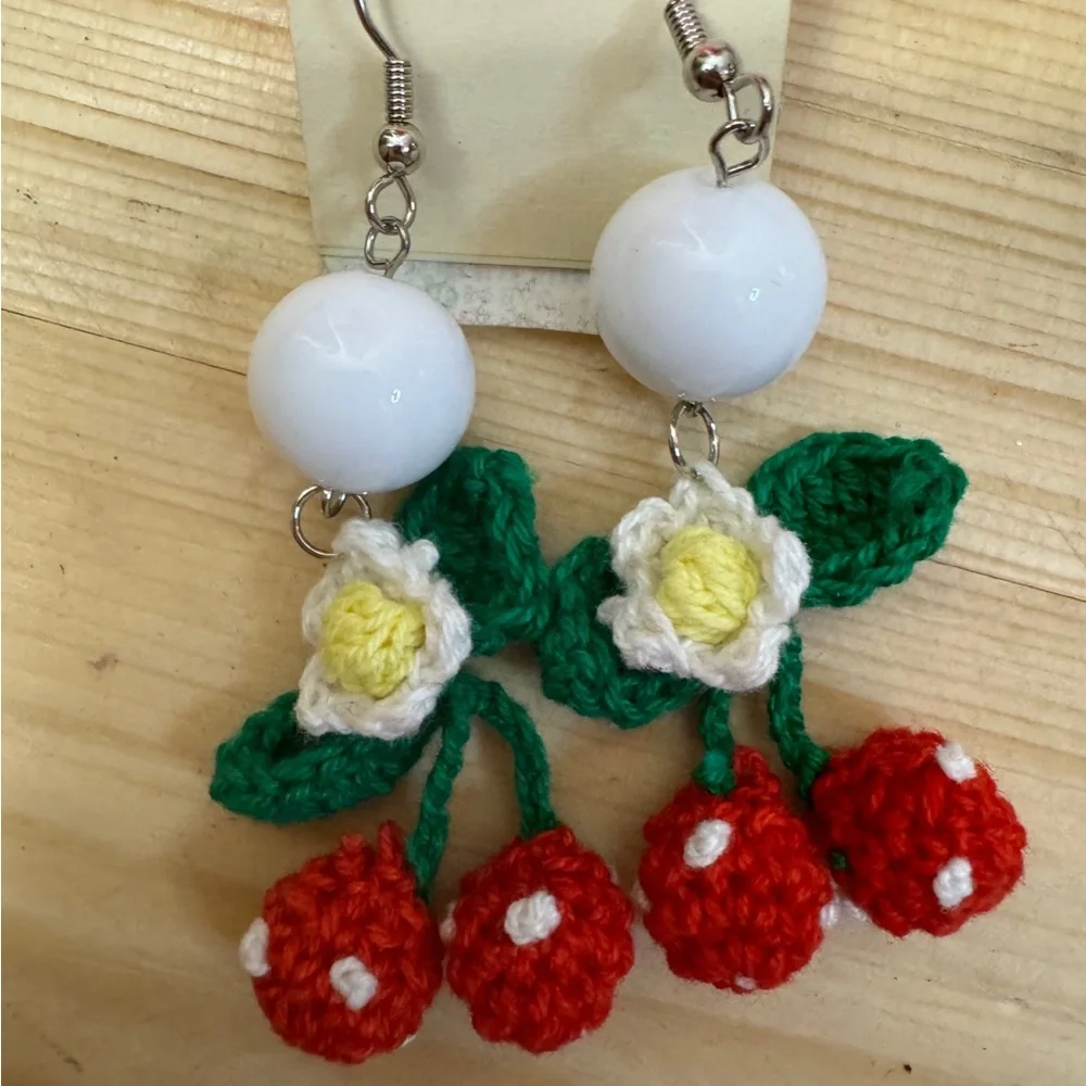 Crochet Cherry Dangle Earrings Floral Cottagecore Fruitcore NWT Boutique